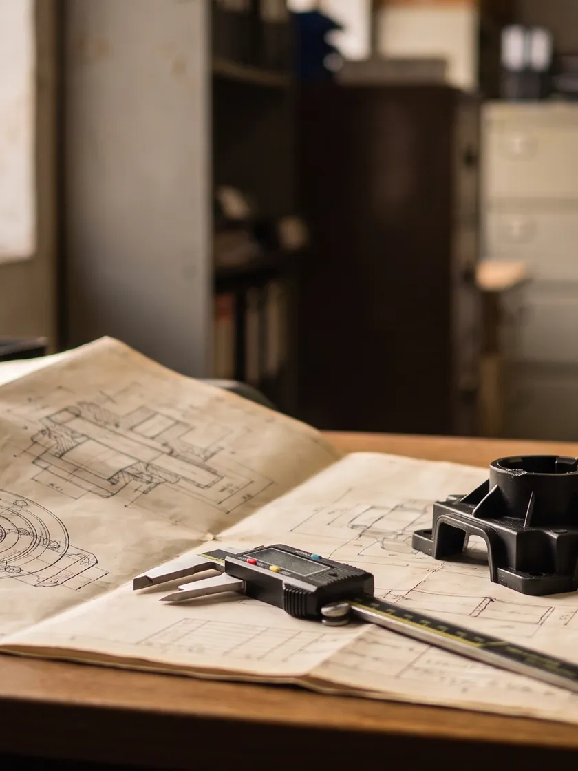 An engineering desk with a folded technical drawing, digital calipers, a moulded sample part and a copper desk lamp.