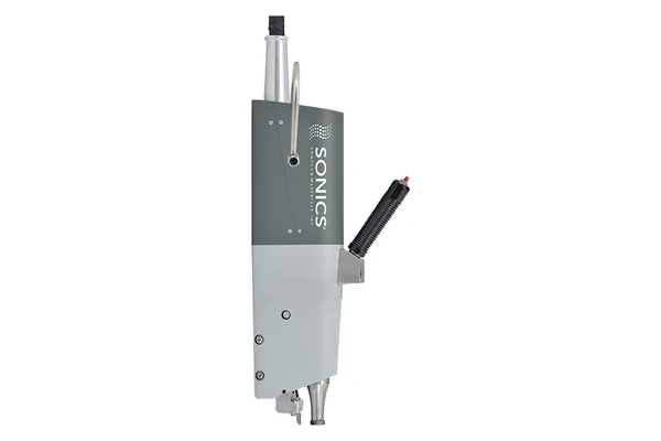 A Sonics ultrasonic battery pack welder with its actuator and horn assembly.