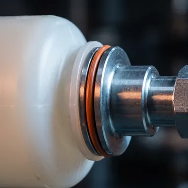 A sealed polymer vessel connected to a test port fitting, the sealing face and O-ring in the foreground.