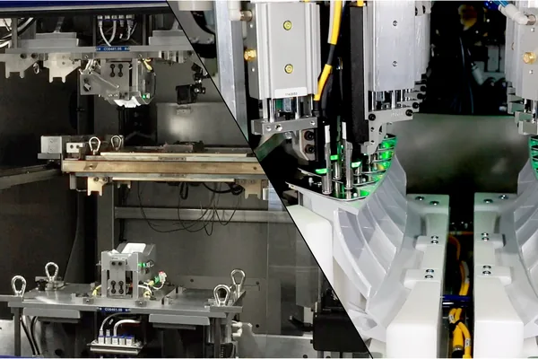 An automated plastic assembly station, its tooling shown alongside the moulded parts it joins.