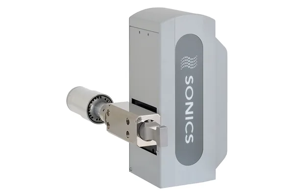 A Sonics ultrasonic metal spot welder with its horn extended.