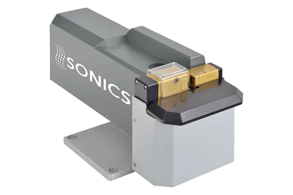 A Sonics ultrasonic wire splicer with the anvil and gathering tooling exposed.